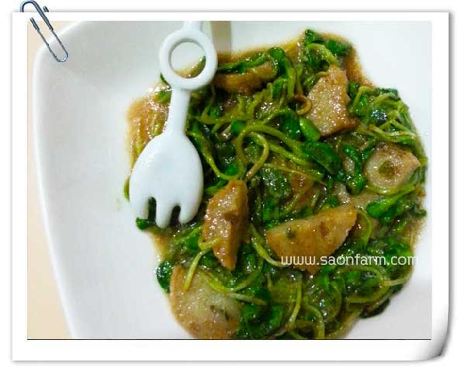ผัดต้นอ่อนทานตะวันปลาเส้น